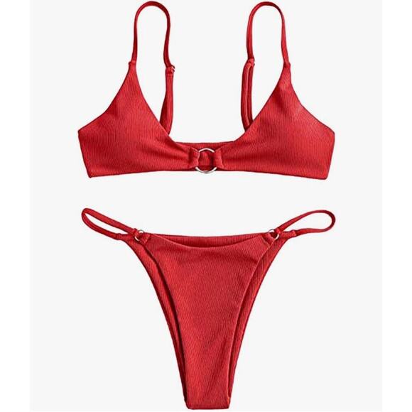 Zaful Red O-Ring Bikini Set Medium Women’s Ribbed Triangle Swimwear Two Piece - Picture 4 of 9